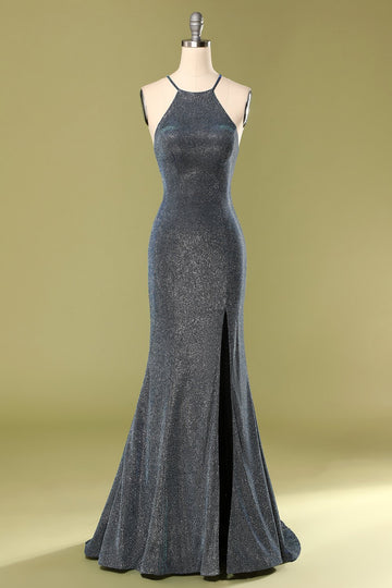 Grey Halter Long Dress with Slit